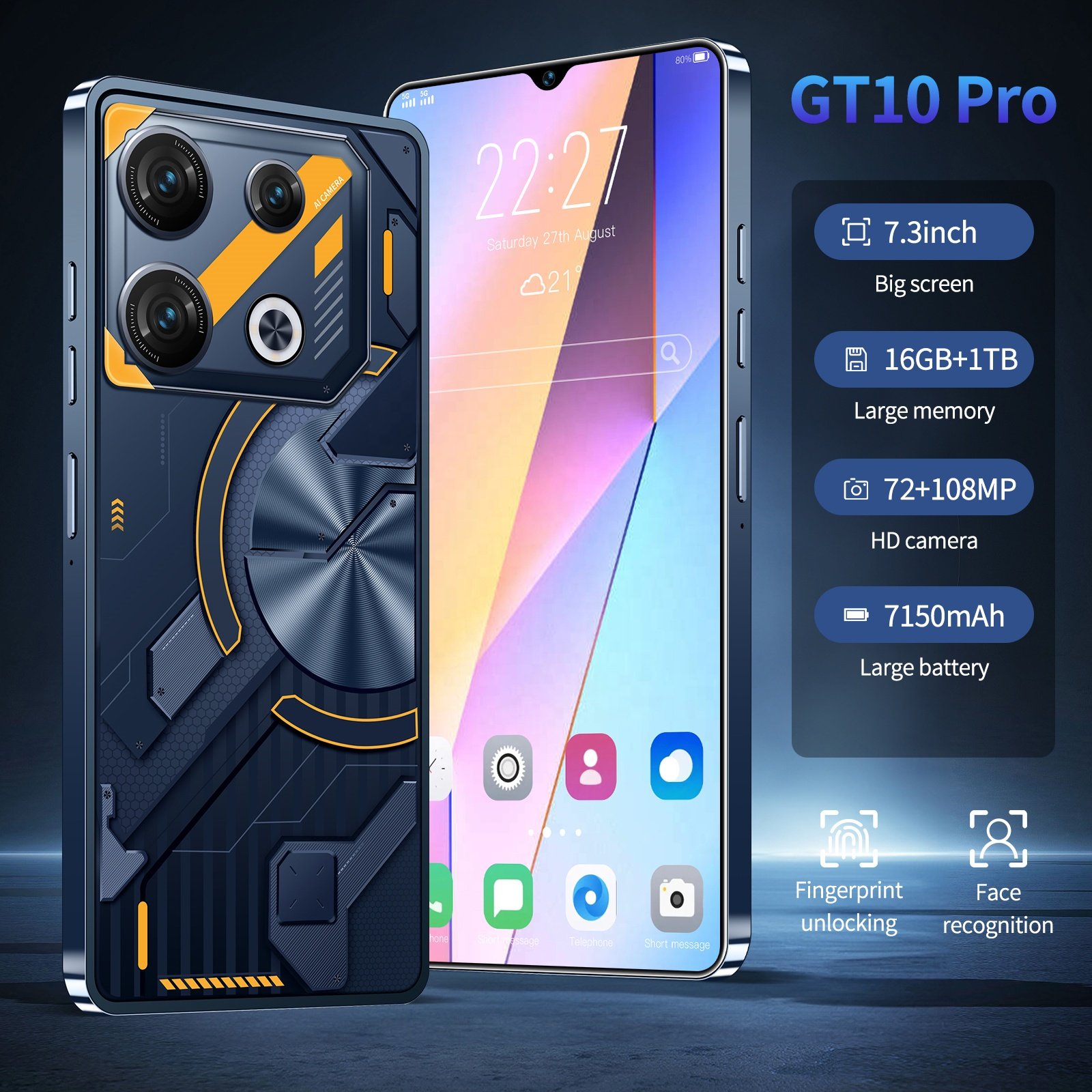 Original Cellphone GT10 pro 7.3 inch Hd 16GB+1TB Mobilephone Android14 Face Unlock 5G smartphone Factory wholesale price